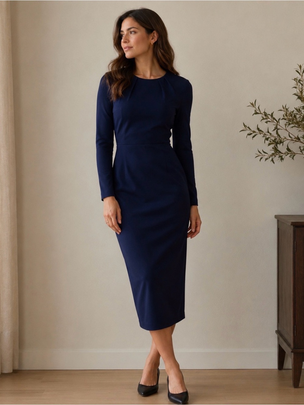 Mary Crafts Midi Dress Long Sleeves Navy Stretch Shift Bodycon Office Modest 16